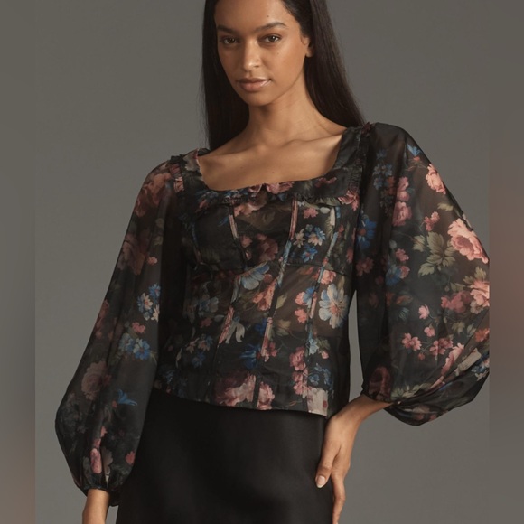 Anthropologie Sheer Black Floral Blouse - Picture 1 of 7